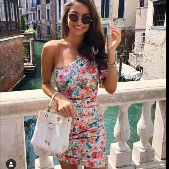 Zara One Shoulder Floral Draped Bodycon Mini Dress Size Small - Picture 3 of 13